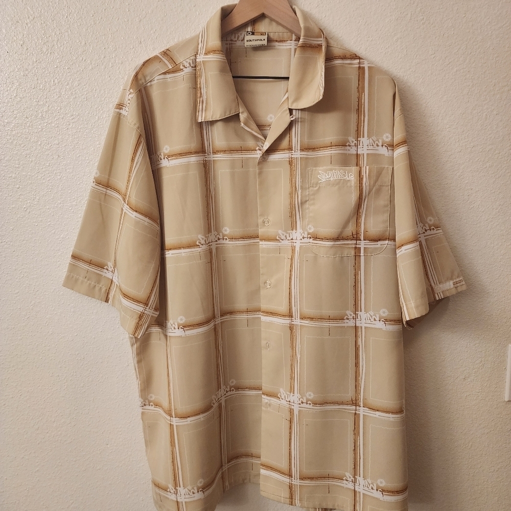South Pole Hip Hop Camp Plaid Logo Tan Short Sleeve Shirt Mens XL